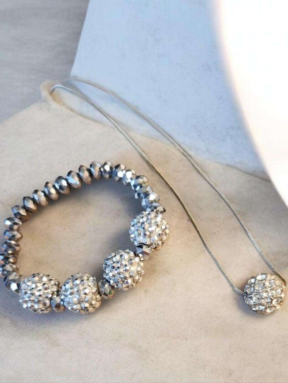 Silver Crystal Bead Necklace and Bracelet Set■ EUC■ Read Below■ FIRM***
